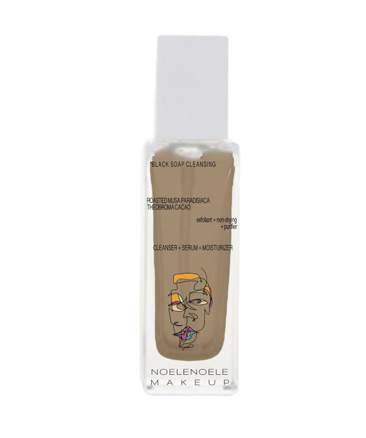 Foundation bottle with a cartoon face on a white background
