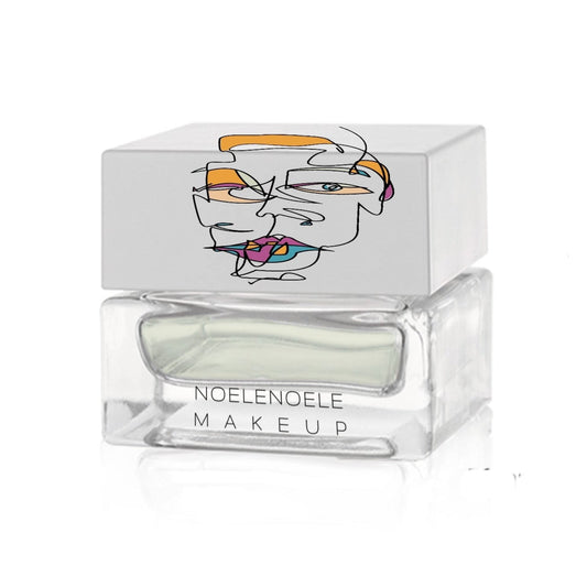 Cosmetic container with cartoon face design on a white background