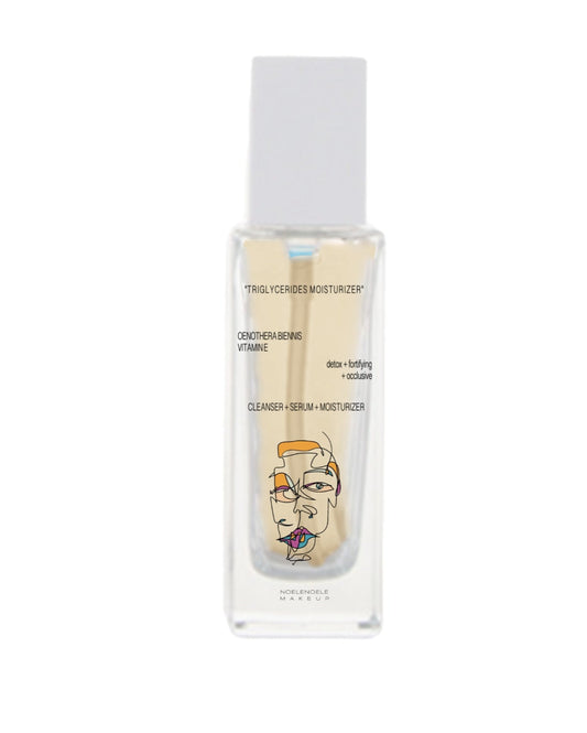 Skincare bottle with a cartoon character on a white background